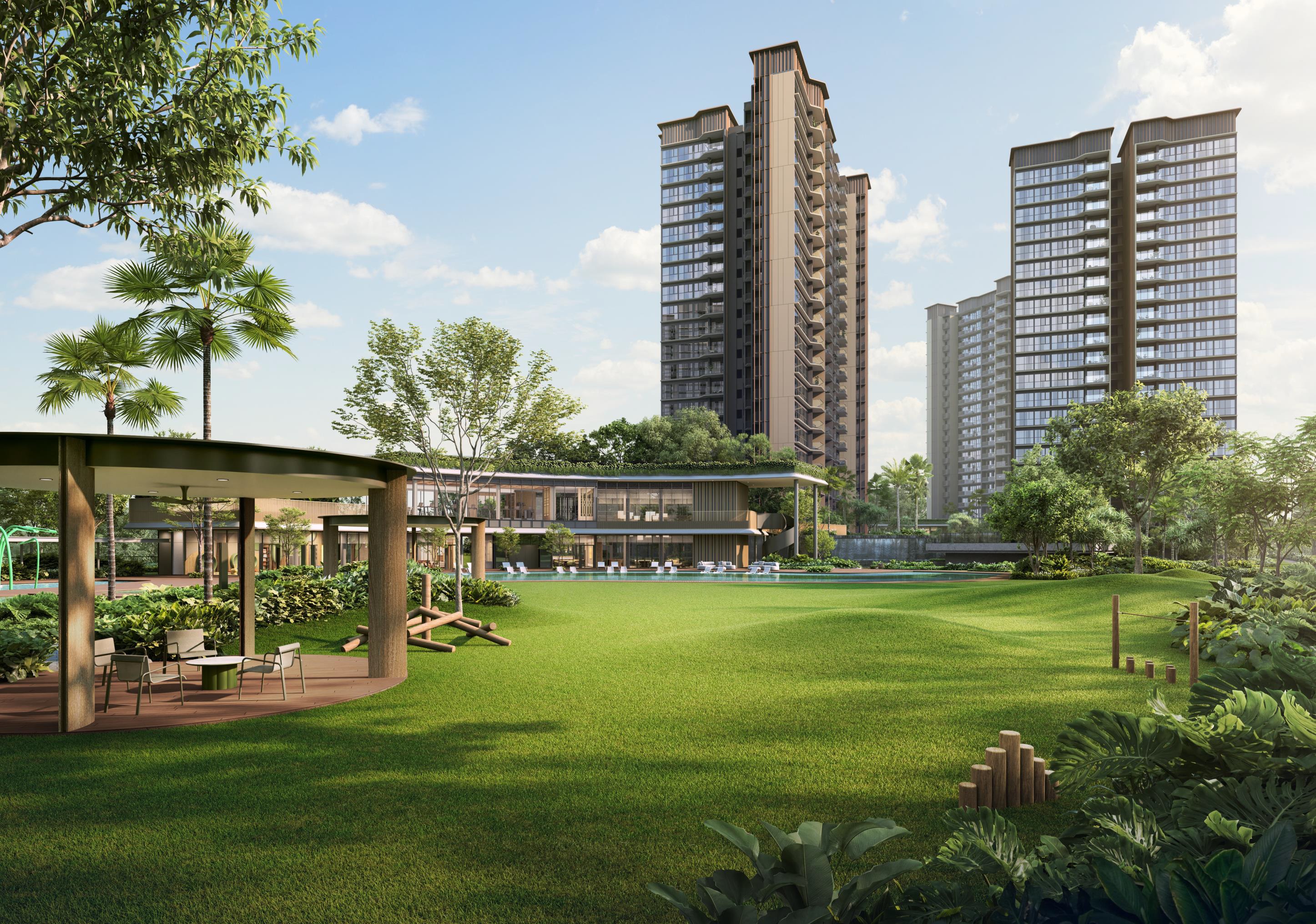 Residential towers surrounded by landscaped greenery